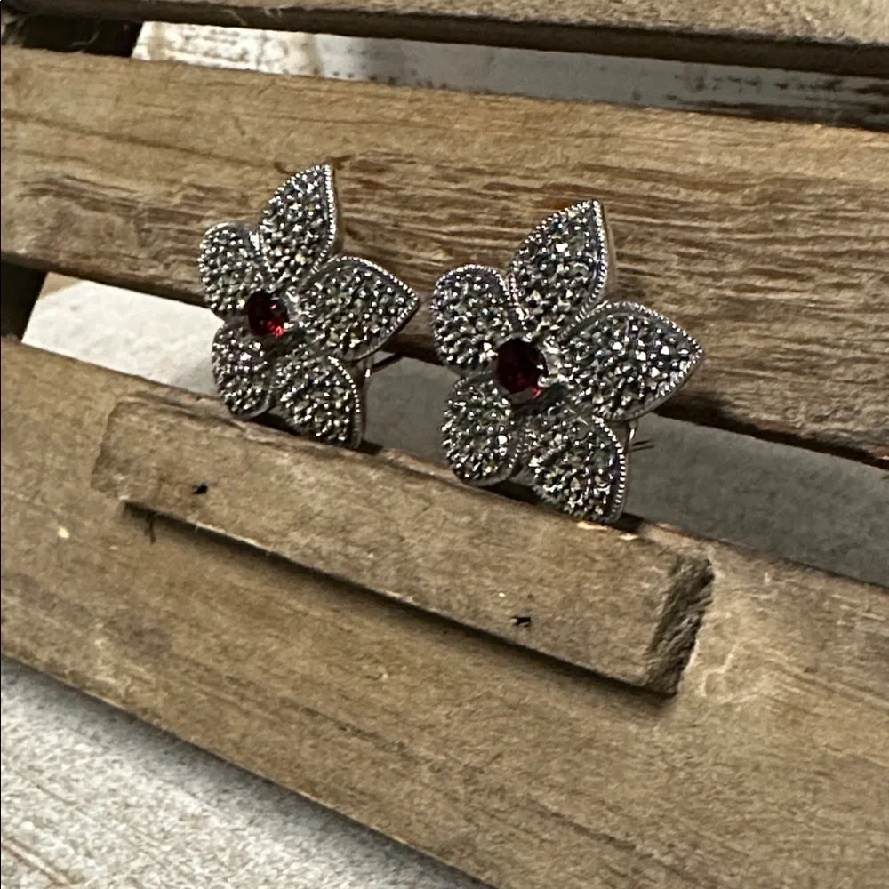 Judith Jack great shape Marcasite pave red garnet crystal rock gemstone earrings - Picture 5 of 10